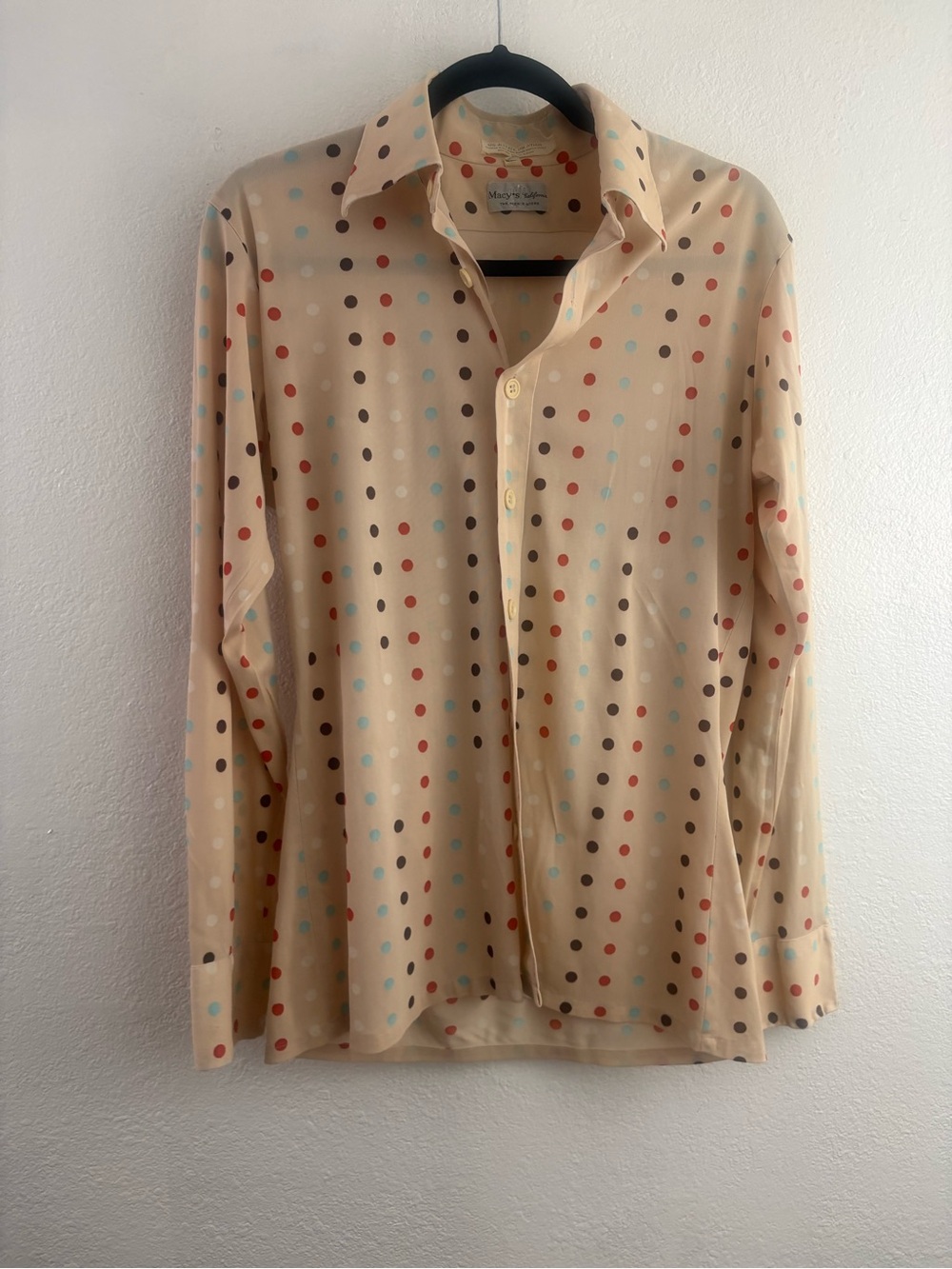 Macy's long-sleeve shirt beige multi-color polka dots semi-sheer material M